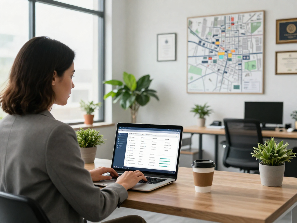 Real estate agent using IDXSTAR software in modern office during virtual property tour