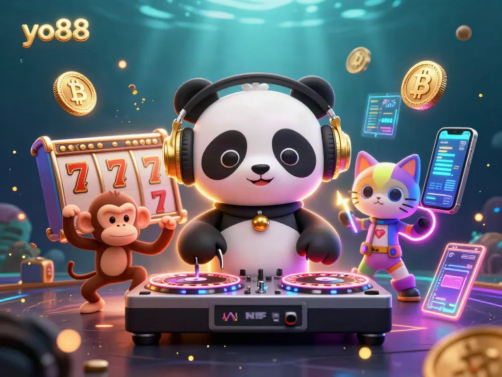 Engage with yo88's vibrant casino experience as the DJ panda spins while a monkey and kitten join in the fun.