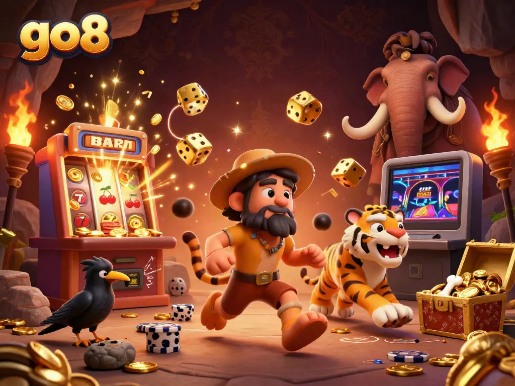 Explore the vibrant world of go8 with a captivating 3D illustration of a caveman and sabertooth running a prehistoric casino.