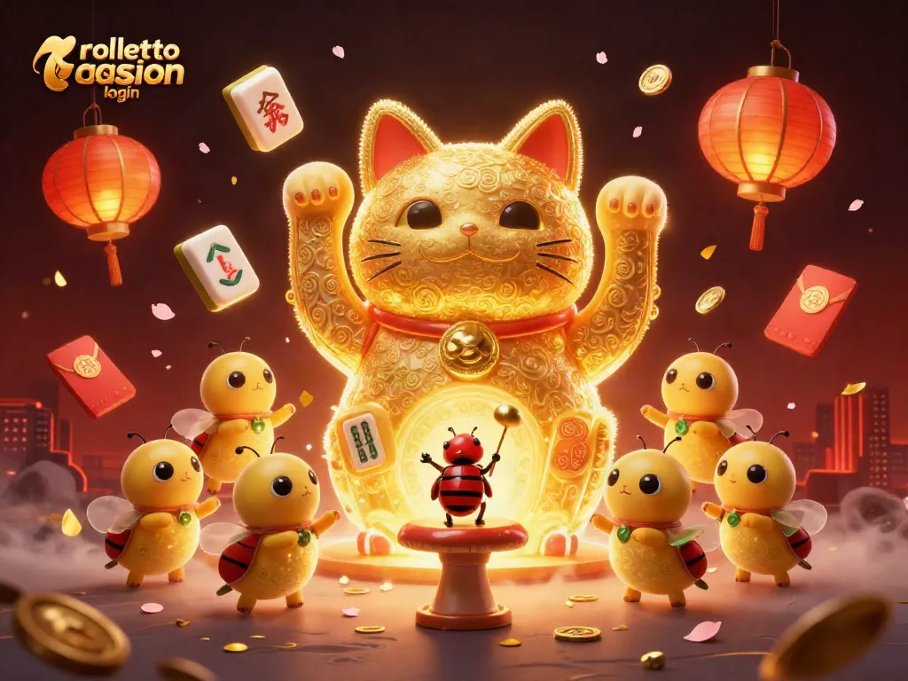 Spin and win with rolletto casino login, surrounded by vibrant casino elements and a lucky cat illustration.
