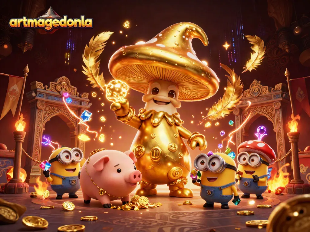 artmageddonla's golden mushroom wizard leads an enchanted casino scene filled with treasures and magic.