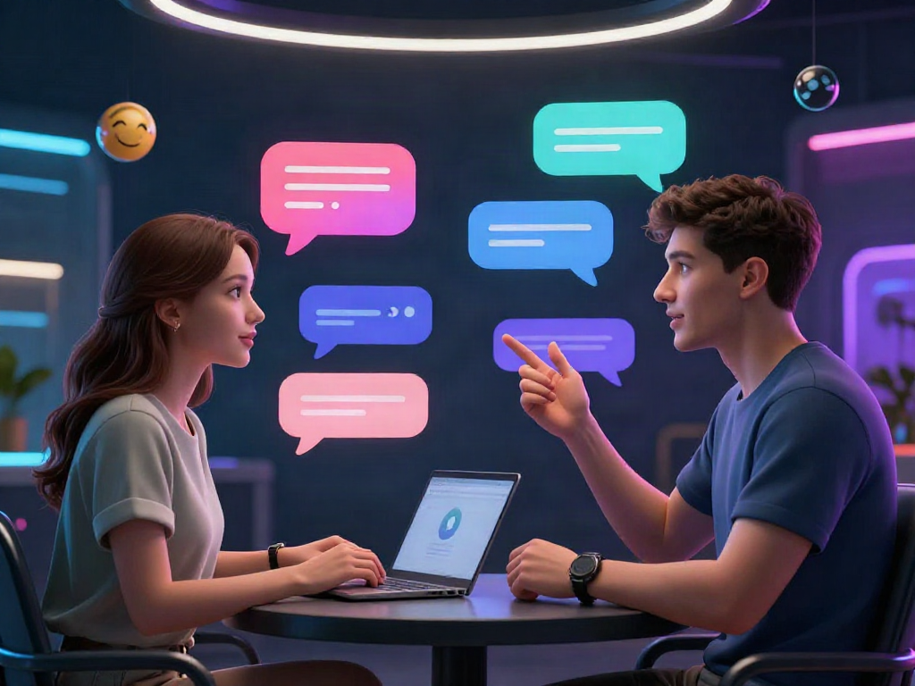 AI chat porn avatars engaging in a lively virtual conversation, showcasing futuristic dialogue features.