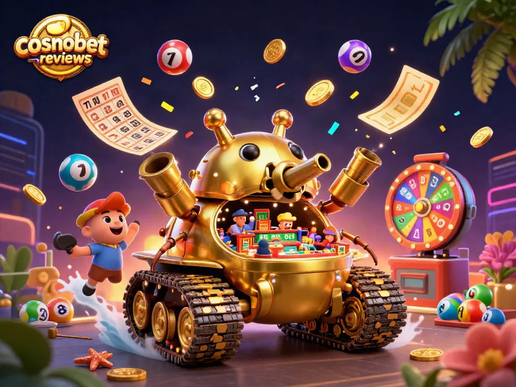 Play exciting games with cosmobet reviews showcasing a vibrant casino scene filled with dynamic lottery elements.