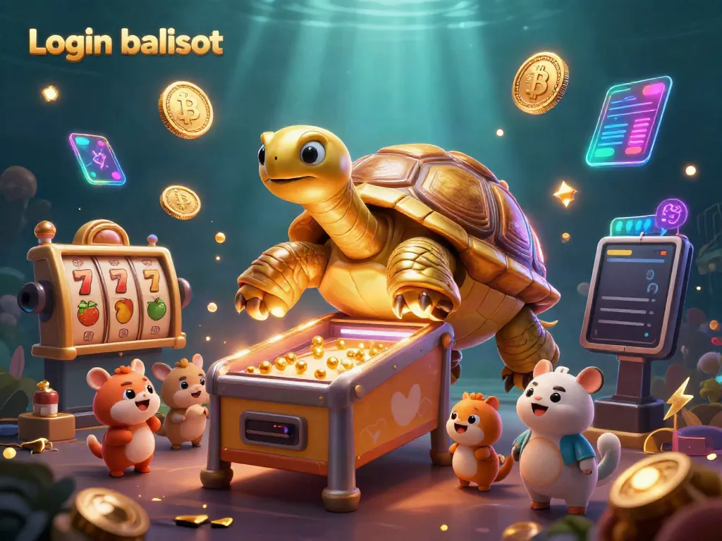 Engage in gaming excitement with Login balislot, showcasing vibrant slot reels and golden tortoise casino scene.