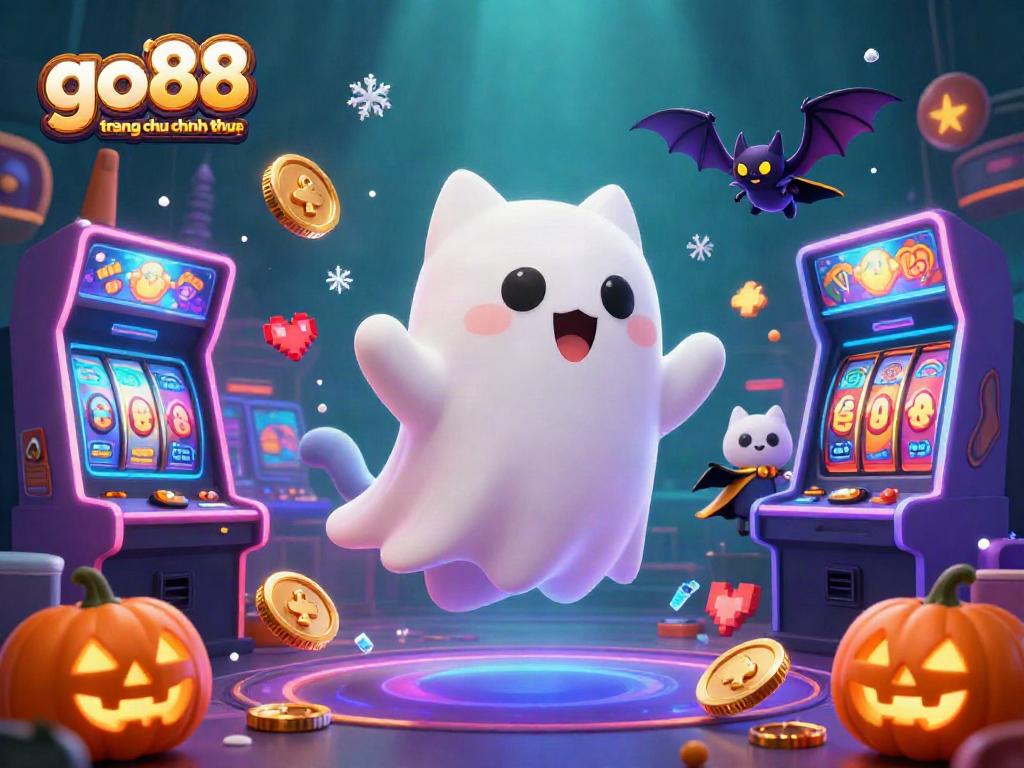 Experience the excitement of go88 trang chu chinh thuc with an enchanting casino scene featuring a friendly ghost cat and vampire bat.