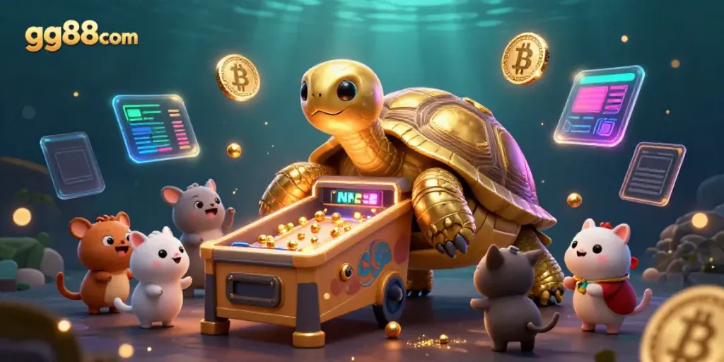 Play and win at gg88com, featuring a charming golden tortoise pinball machine surrounded by vibrant gaming elements.