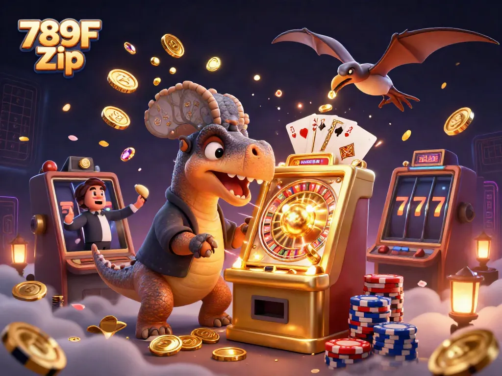 Experience thrilling action at 789F Zip as dinosaurs interact with exciting casino elements.