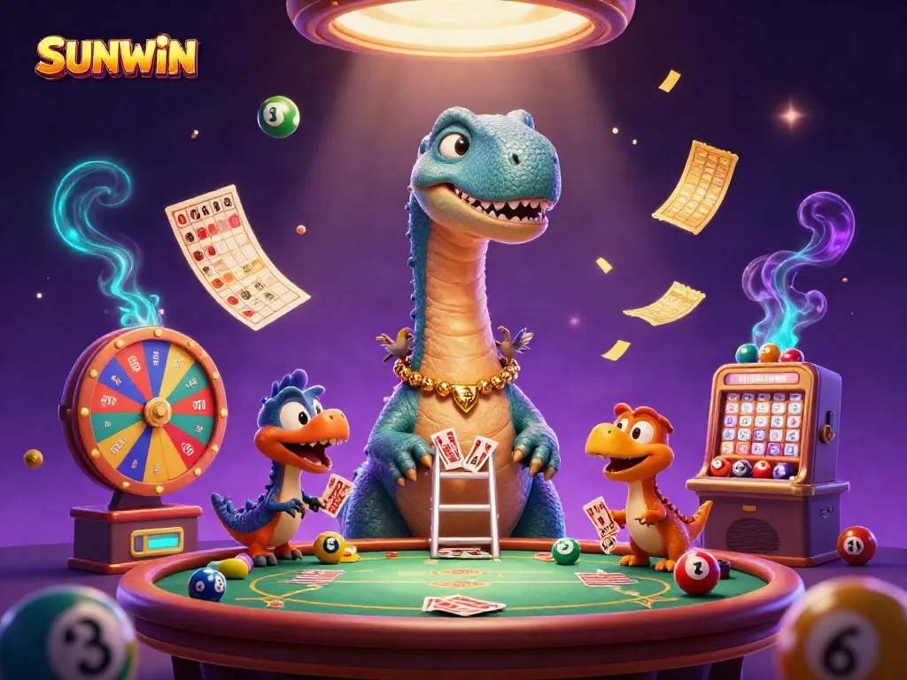 SUNWIN brontosaurus and raptor create an engaging casino scene with vibrant lottery elements