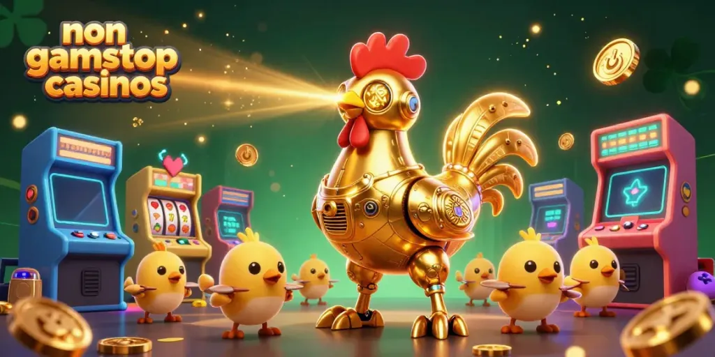 Engage with non gamstop casinos featuring a golden rooster robot and vibrant gaming elements.