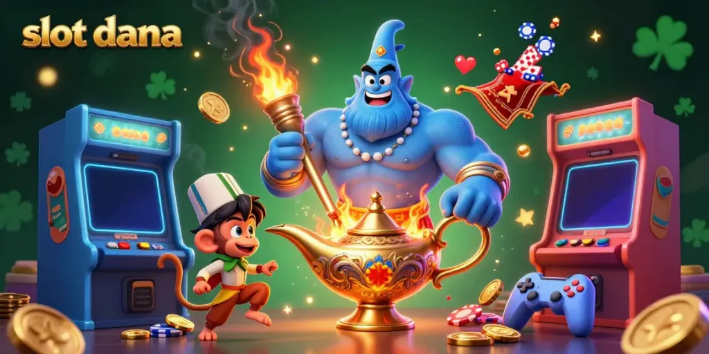 Experience fun and excitement with slot dana's vibrant genie scene, featuring colorful slot reels and poker chips.