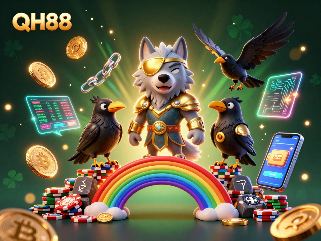 Experience QH88’s thrilling crypto gaming world illustrated with vibrant characters and casino elements