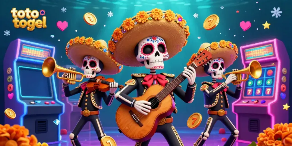 Experience toto togel excitement with a vibrant 3D mariachi band amidst arcade games and colorful slot symbols.