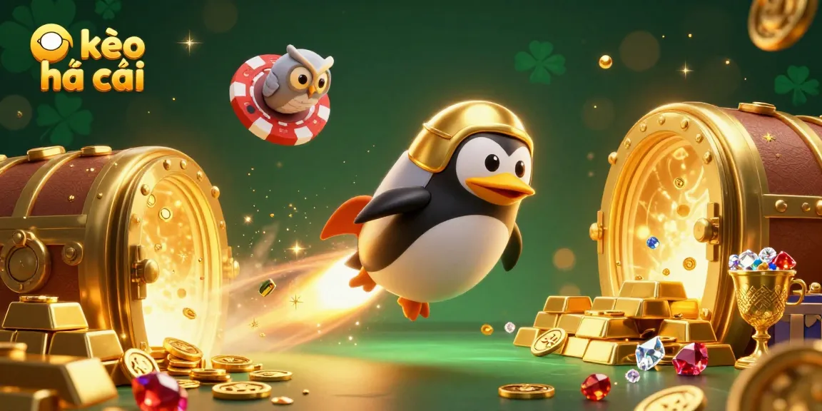 Experience kèo nhà cái in a vibrant 3D casino scene featuring a golden penguin and treasure vault.