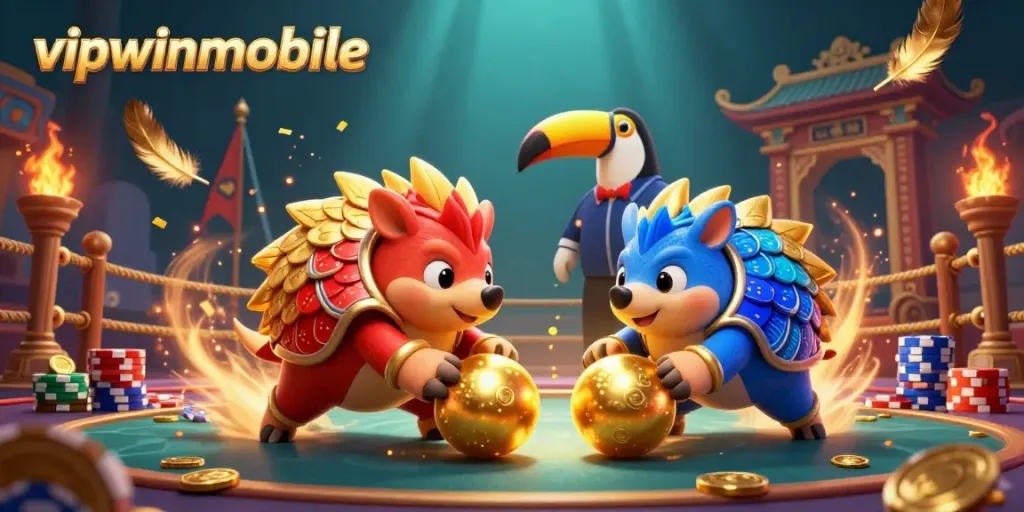 Engaging gambling scene with vipwinmobile pangolins rolling through poker chips, celebrating an exciting win.