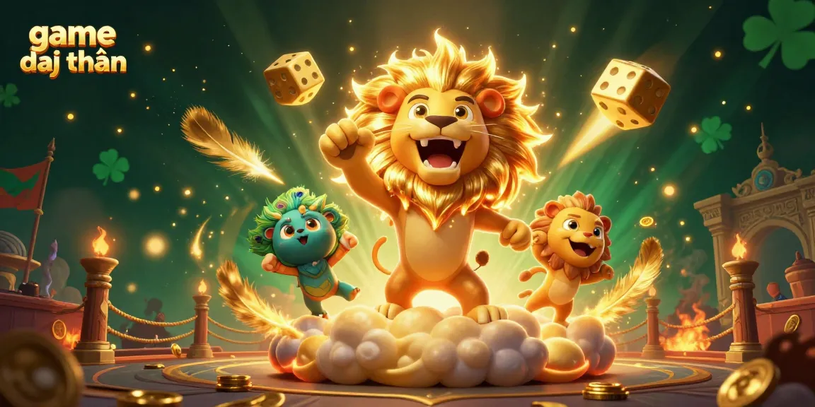 Join the excitement of game đổi thưởng with a dazzling 3D casino scene featuring a roaring sun lion and golden dice.
