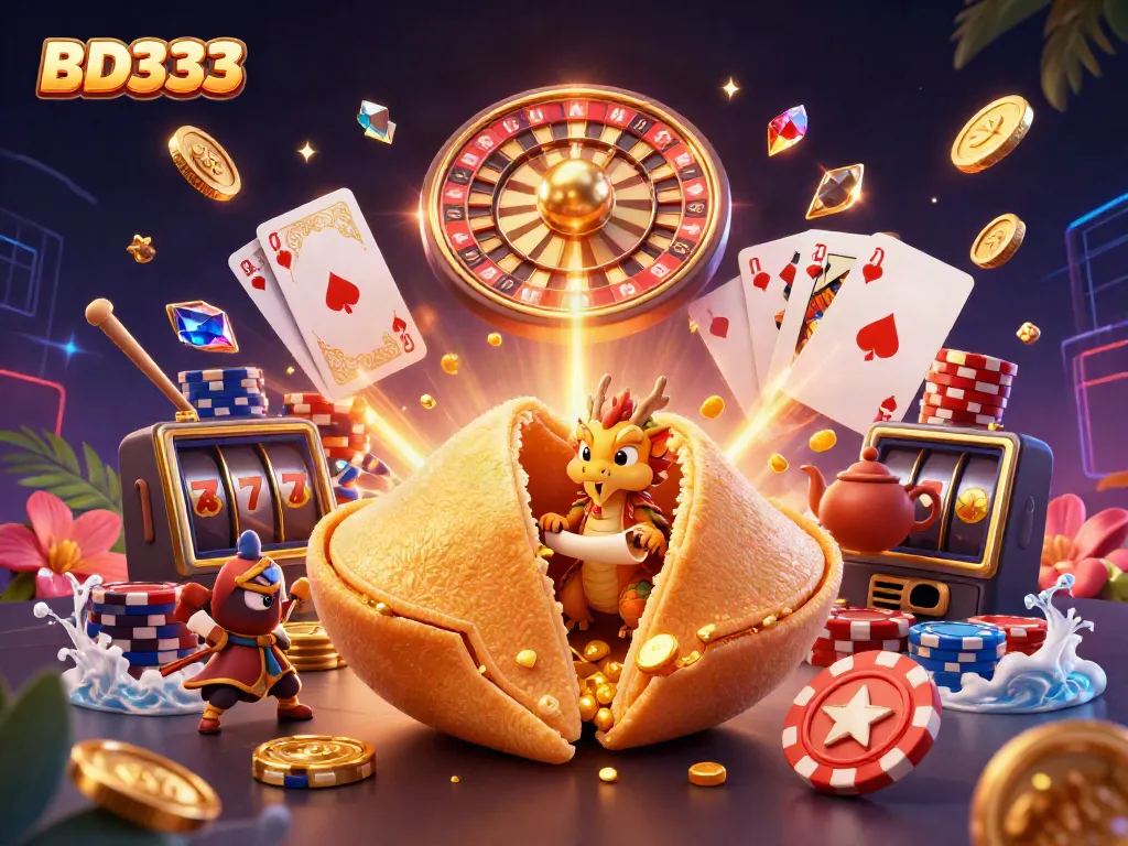 Play and win with BD333 at this vibrant illustration of a cartoon casino scene.