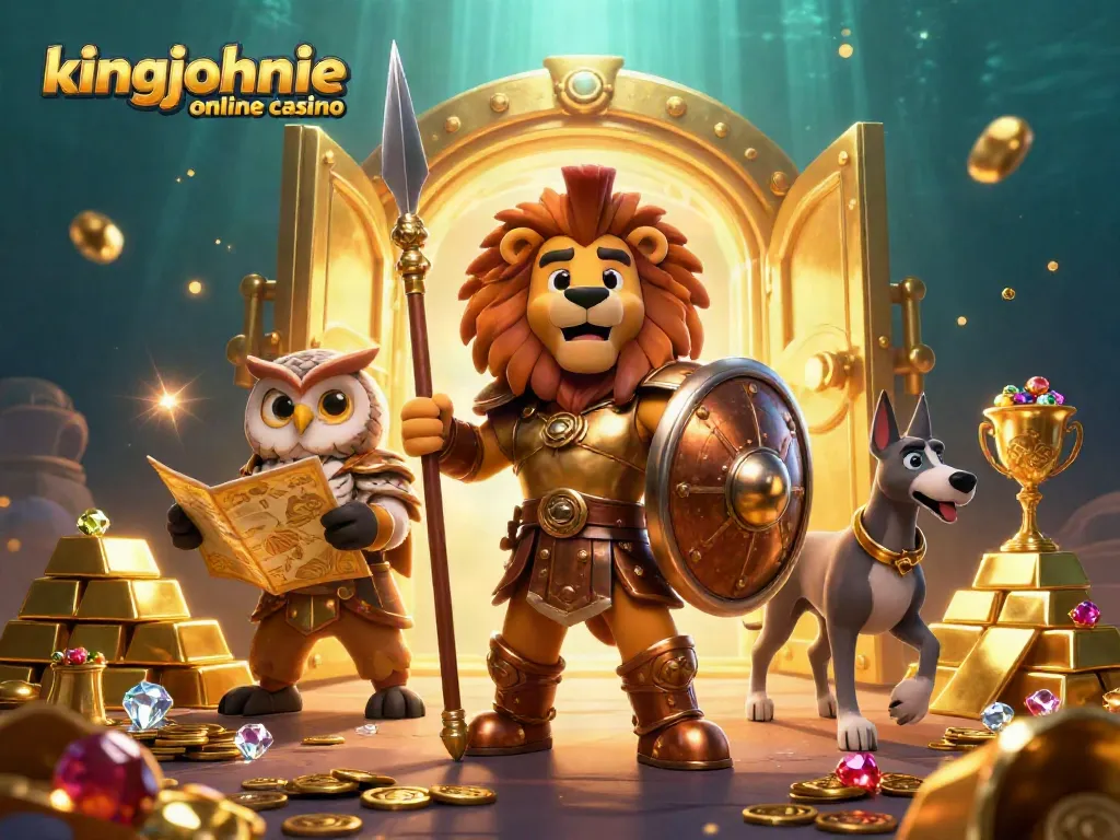 Experience the thrill of kingjohnnie safe online casino with a dynamic 3D illustration capturing energetic characters and gleaming treasures.