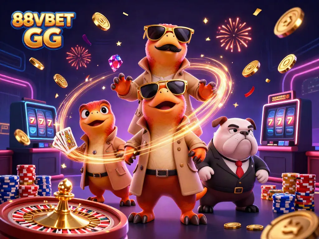 Experience vibrant casino fun with 88VBET GG, featuring raptors and a bulldog in a lively gaming scene.