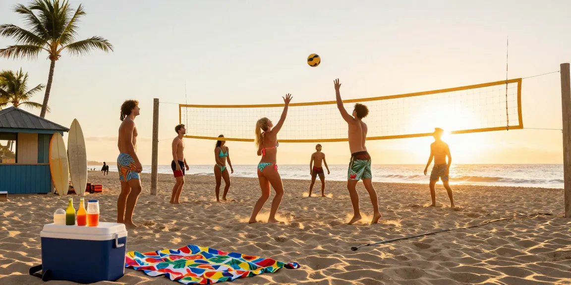 Group enjoying vibrant beach day with BIKINISLOT swimwear and sunset glow