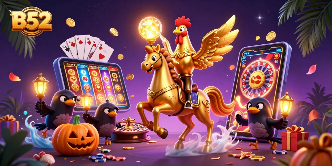 B52 casino scene featuring a golden rooster and spectral horse, surrounded by colorful slot game elements.