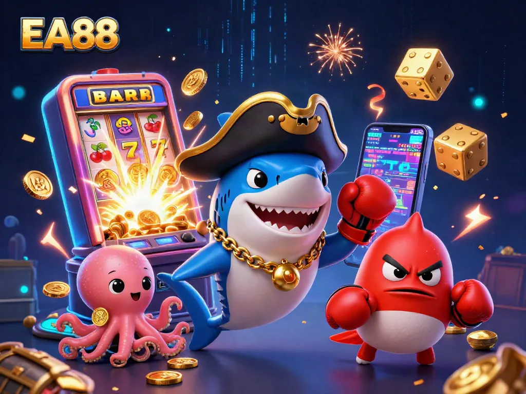 Experience the excitement of EA88 online slots with dynamic characters and vibrant casino elements.