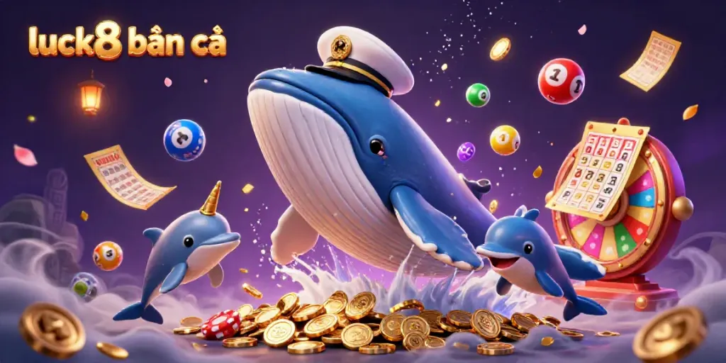 Engage with luck8 bắn cá in a vibrant ocean scene filled with a whale, narwhal, and dolphins showcasing thrilling gambling elements.