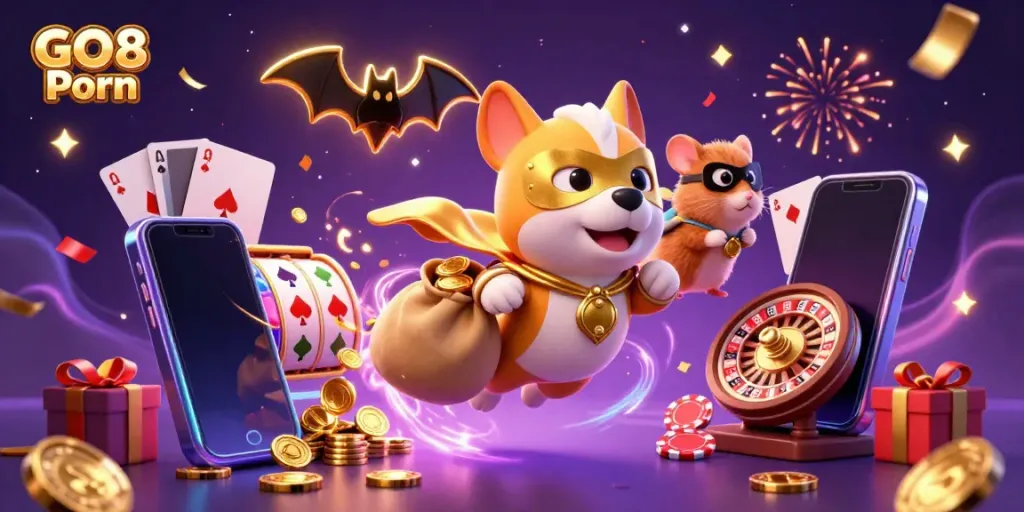 Engage in thrilling gaming with GO8 Porn featuring a superhero dog and hamster amidst vibrant casino elements.