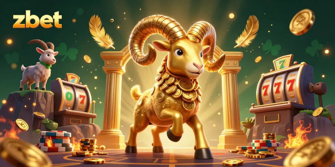 Zbet's energetic casino illustration showcasing a golden ram charging through a vibrant gambling scene.