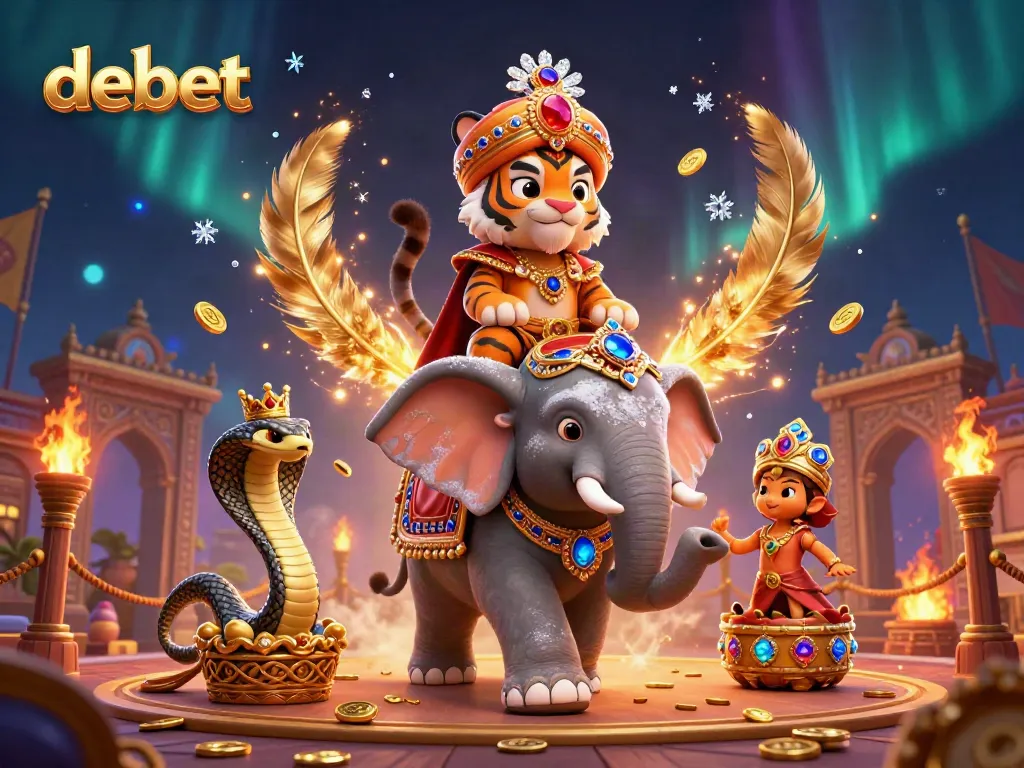 Experience the vibrant debet gaming atmosphere with a majestic tiger, elephant, and cobra amidst casino elements.