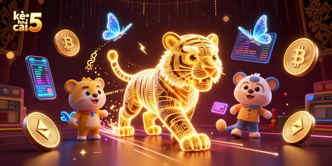 Engage with kèo nhà cái 5 featuring a luminous golden tiger and digital casino elements