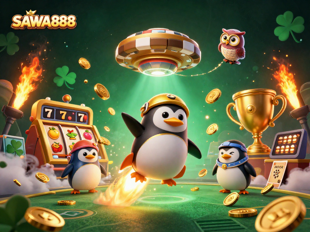 Experience SAWA888 with a dynamic 3D illustration of a penguin space adventure featuring slot reels and golden trophies.