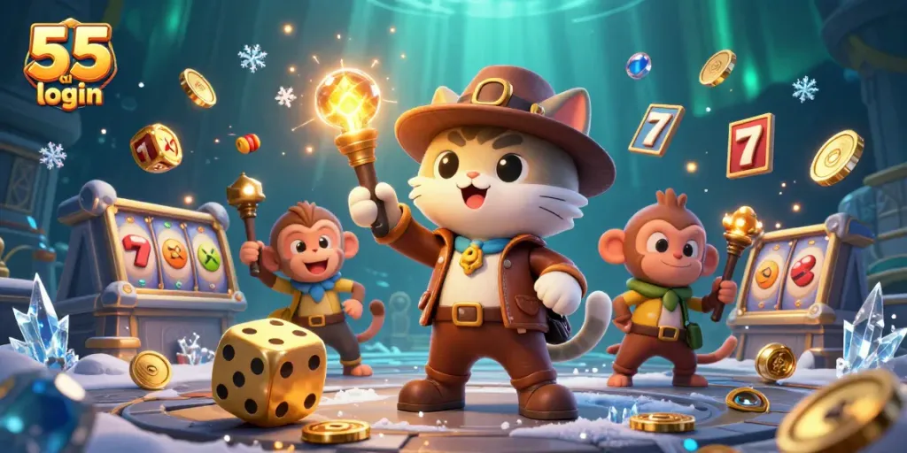 Engaging scene depicting a 3D cat explorer discovering a golden casino artifact while emphasizing the 55 club login.