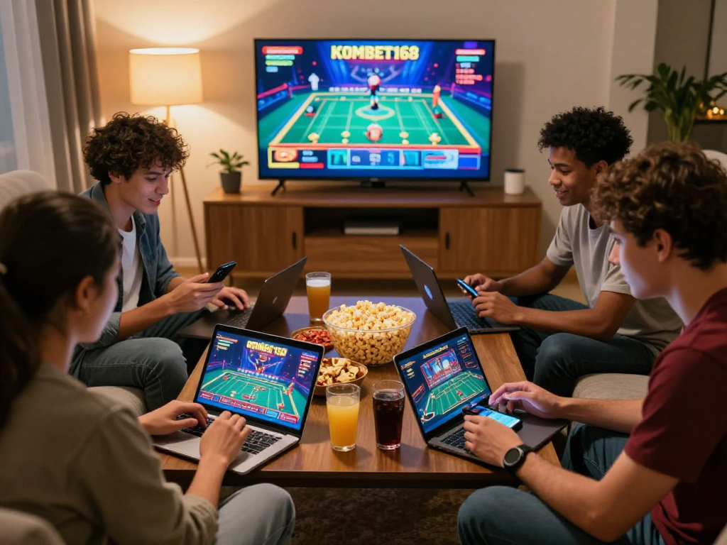 Group enjoying online gaming with KOMBET168 in cozy living room