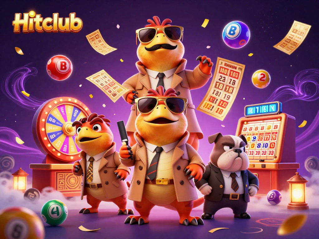 Hitclub raptors navigating a casino scene with colorful lottery elements and a vigilant bulldog bouncer.