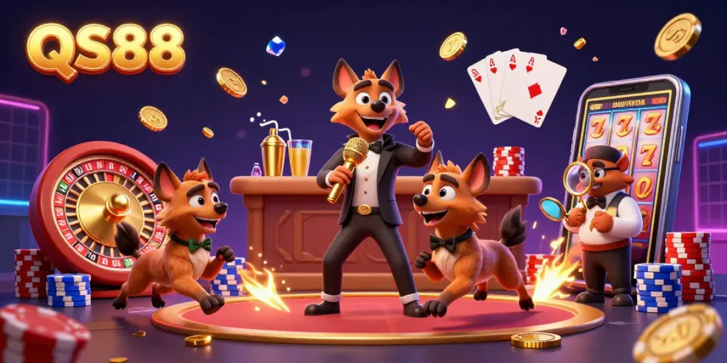 Engage with QS88's vibrant casino scene featuring animated hyenas in comedic roles amidst sparkling casino elements.