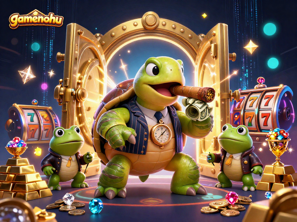Experience thrilling gaming adventures with gamenohu's vibrant casino scene, featuring animated characters and jackpots.