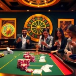 Engaged gamblers enjoying online gaming at https://five88.za.com/ with a modern poker table and roulette wheel.