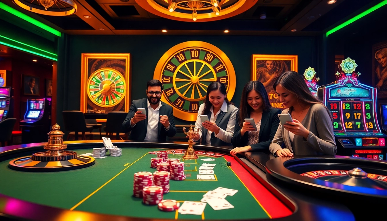 Engaged gamblers enjoying online gaming at https://five88.za.com/ with a modern poker table and roulette wheel.