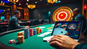 Experience the excitement of gambling at rikvip.gb.net with poker chips, cards, and casino tables in a luxurious setting.