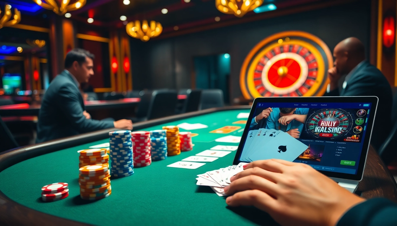 Experience the excitement of gambling at rikvip.gb.net with poker chips, cards, and casino tables in a luxurious setting.