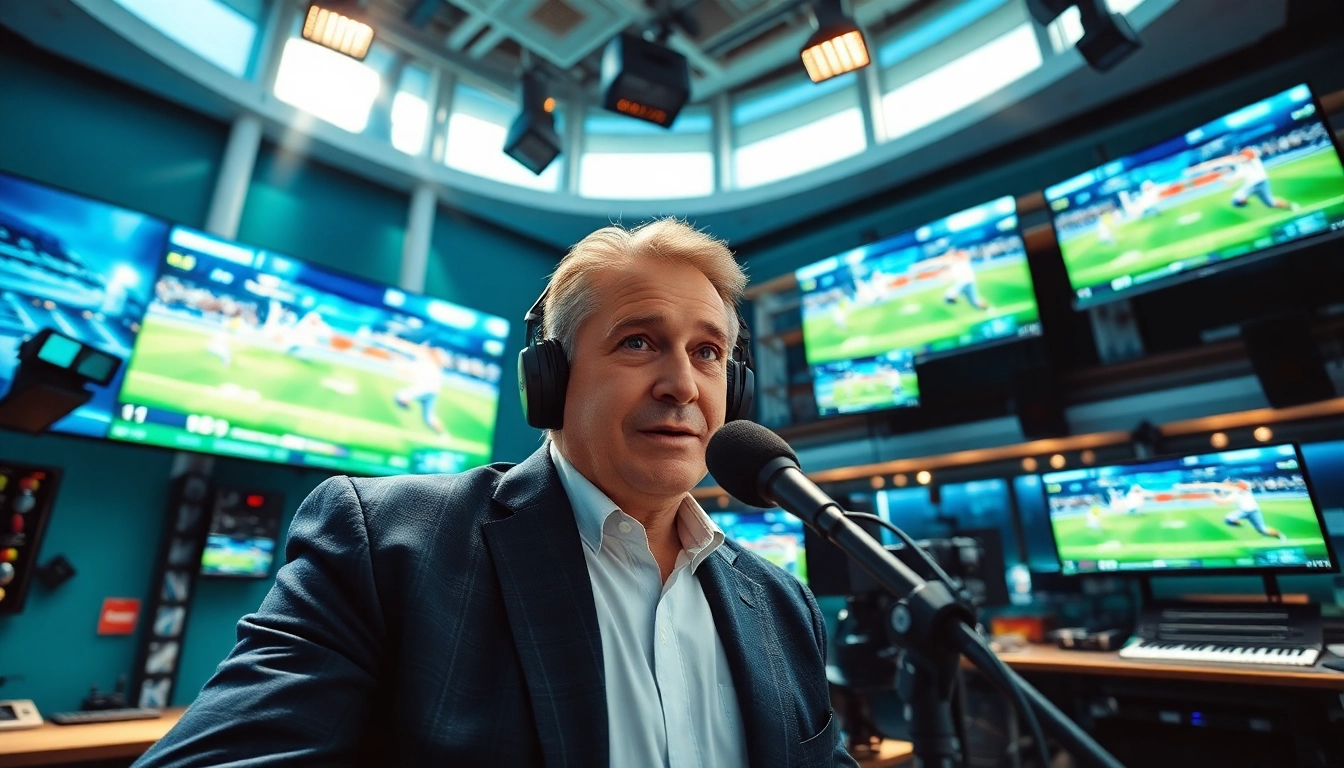 Sports Broadcasting studio featuring a dynamic sports commentator in action.