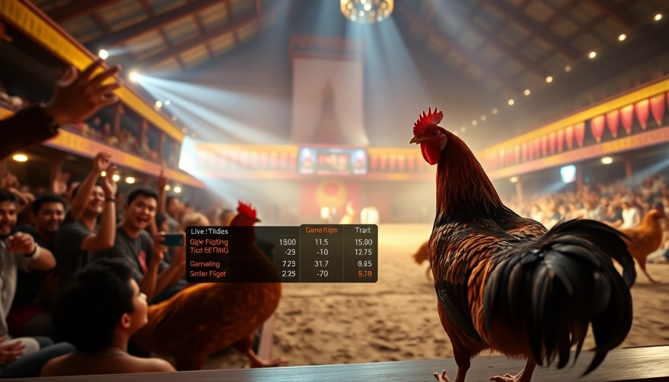 Live cockfighting event at dagawin.live featuring a vibrant crowd and live betting.