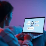 Engaging in a sex chat ai conversation with an inviting virtual avatar on a laptop.