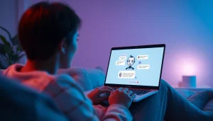Engaging in a sex chat ai conversation with an inviting virtual avatar on a laptop.