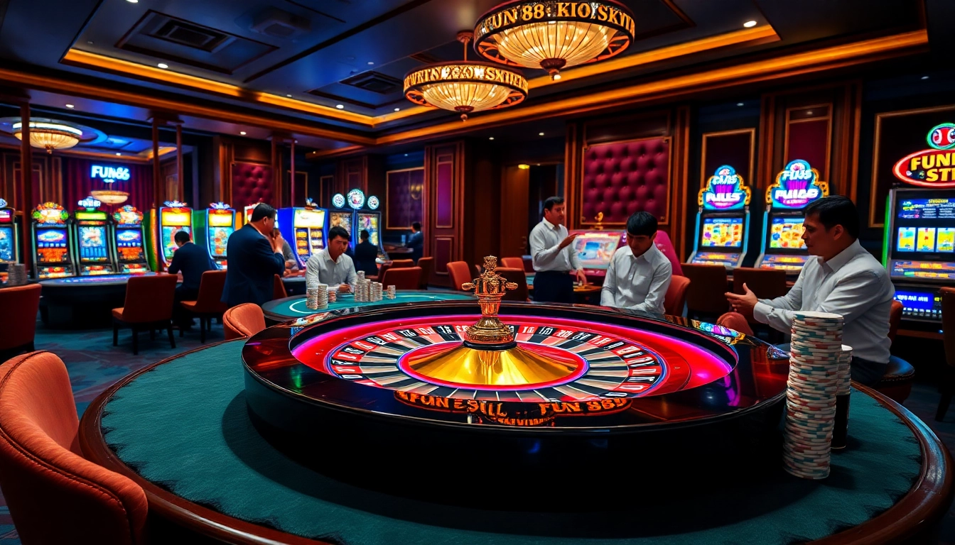 Experience the thrill of Fun 88 with players enjoying a stylish roulette table in an upscale casino.