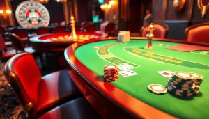 A poker table scene with chips, cards, and roulette wheel representing excitement of 888vnd com.