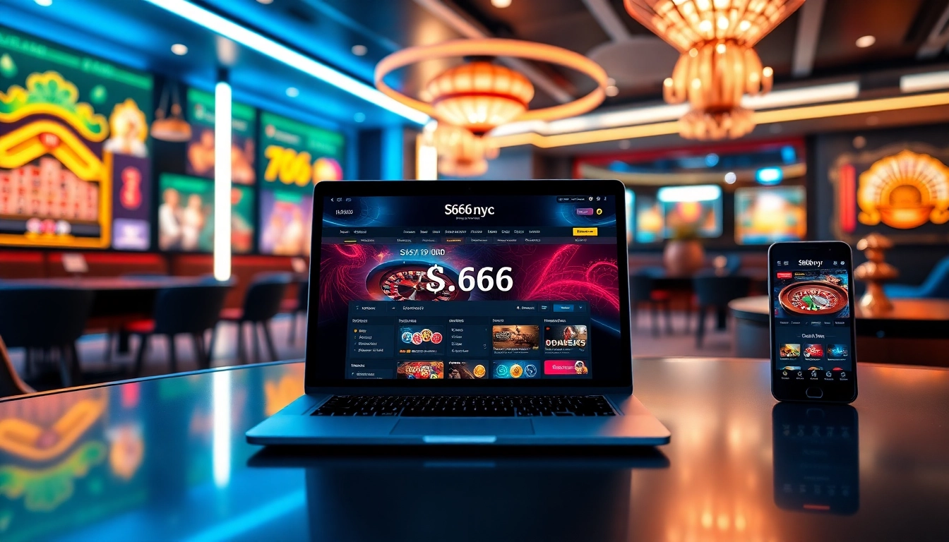 S666.nyc - Engaging digital betting platform interface showcasing various games and devices in a vibrant gaming room.