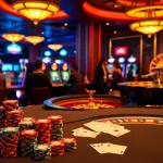 Engage in thrilling gambling excitement at mb66.nyc, featuring colorful poker chips and a spinning roulette wheel.