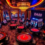 Players enjoying a luxurious casino environment at DA88 with vibrant slot machines and poker tables.