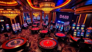 Players enjoying a luxurious casino environment at DA88 with vibrant slot machines and poker tables.